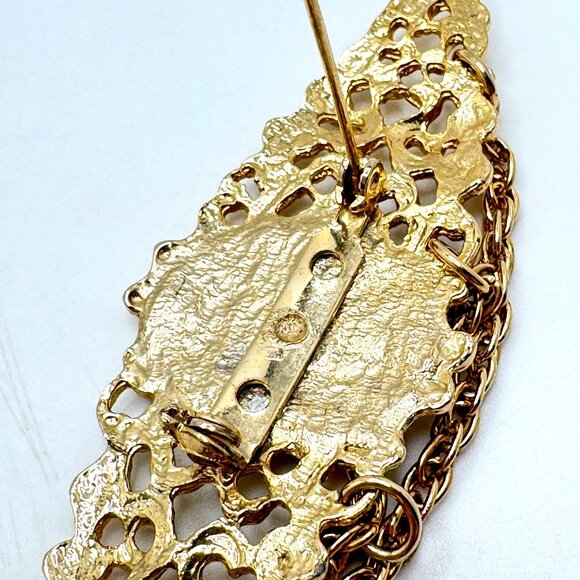 Vtg Gold Tone Filigree Brooch Colorful Mosaic Center & Dangling Chain Accents - Picture 3 of 9